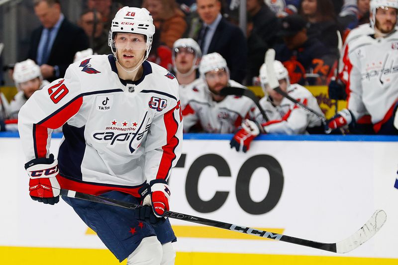 Jan 21, 2025; Edmonton, Alberta, CAN; Washington Capitals forward Lars Eller (20) follows the play against the Edmonton Oilers at Rogers Place. Mandatory Credit: Perry Nelson-Imagn Images