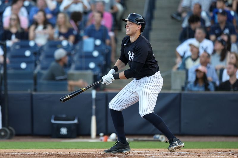 Mar 14, 2025; Tampa, Florida, USA; New York Yankees first baseman Ben Rice (93) hits a two-run home run against the Philadelphia Phillies in the second inning during spring training at George M. Steinbrenner Field. Mandatory Credit: Nathan Ray Seebeck-Imagn Images