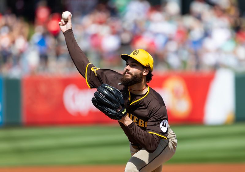 Mar 16, 2025; Tempe, Arizona, USA; San Diego Padres pitcher Dylan Cease against the Los Angeles Angels during a spring training game at Tempe Diablo Stadium. Mandatory Credit: Mark J. Rebilas-Imagn Images