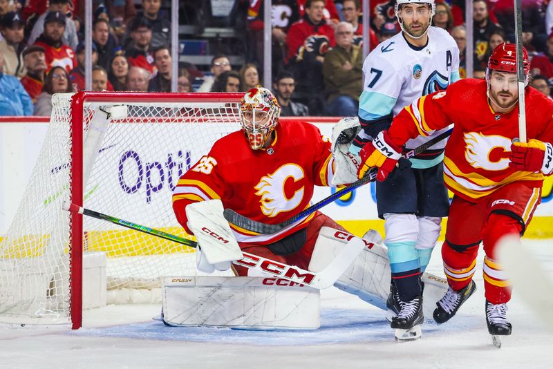 Dec 27, 2023; Calgary, Alberta, CAN; Calgary Flames goaltender Jacob Markstrom (25) guards his net against the Seattle Kraken during the first period at Scotiabank Saddledome. Mandatory Credit: Sergei Belski-USA TODAY Sports