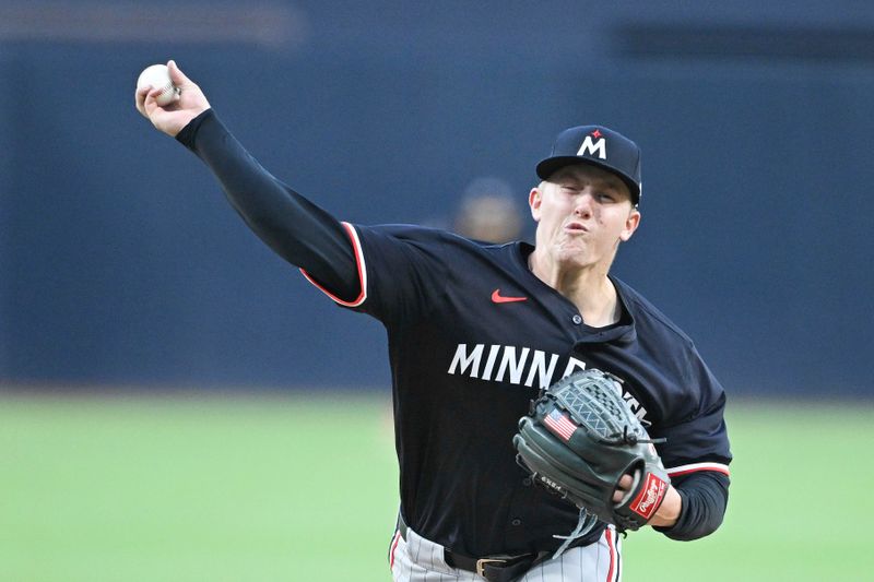 Aug 19, 2024; San Diego, California, USA; Minnesota Twins starting pitcher Zebby Matthews (52) pitches during the first inning against the San Diego Padres at Petco Park. Mandatory Credit: Denis Poroy-USA TODAY Sports