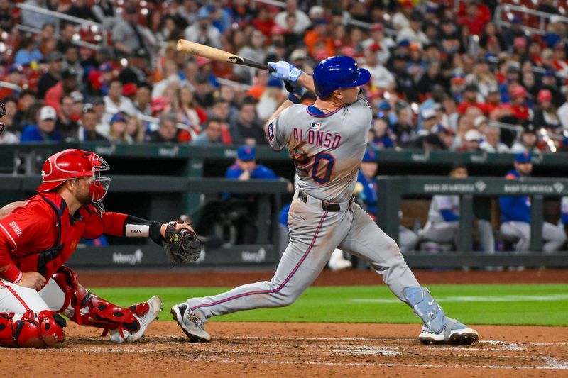 May 2, 2025; St. Louis, Missouri, USA;  New York Mets first baseman Pete Alonso (20) hits a two run home run against the St. Louis Cardinals during the fifth inning at Busch Stadium. Mandatory Credit: Jeff Curry-Imagn Images