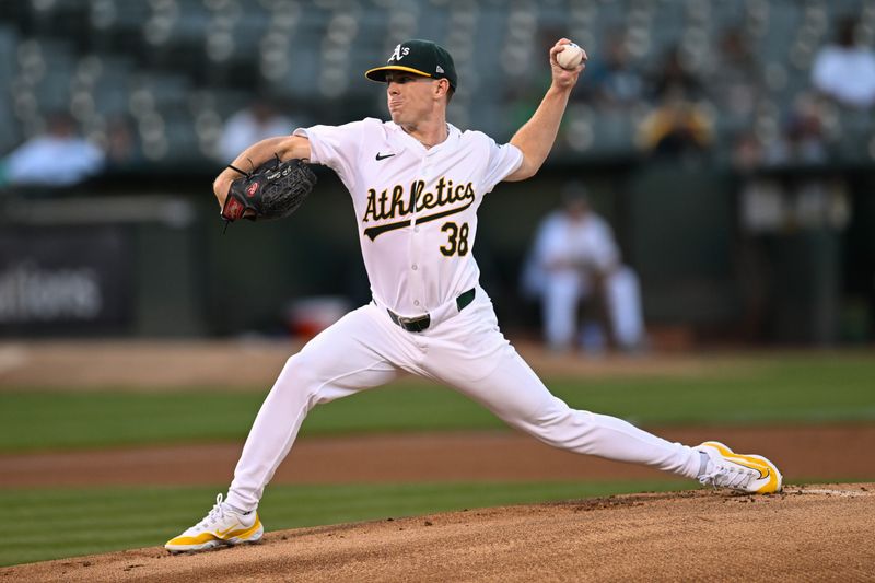 Sep 4, 2024; Oakland, California, USA; Oakland Athletics starting pitcher JP Sears (38) throws against the Seattle Mariners in the first inning at Oakland-Alameda County Coliseum. Mandatory Credit: Eakin Howard-Imagn Images