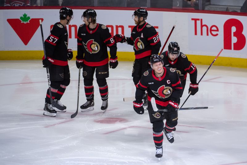 Apr 13, 2024; Ottawa, Ontario, CAN; Ottawa Senators left wing Brady Tkachuk (7) skates to the bench following his goal in the third period against the Montreal Canadien sat the Canadian Tire Centre.  Mandatory Credit: Marc DesRosiers-USA TODAY Sports