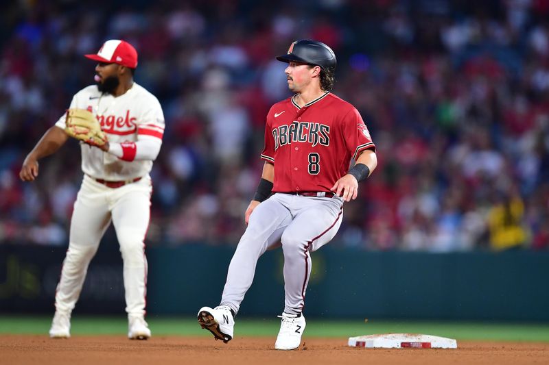 Jul 1, 2023; Anaheim, California, USA; Arizona Diamondbacks center fielder Dominic Fletcher (8) reaches second against the Los Angeles Angels during the fifth inning at Angel Stadium. Mandatory Credit: Gary A. Vasquez-USA TODAY Sports