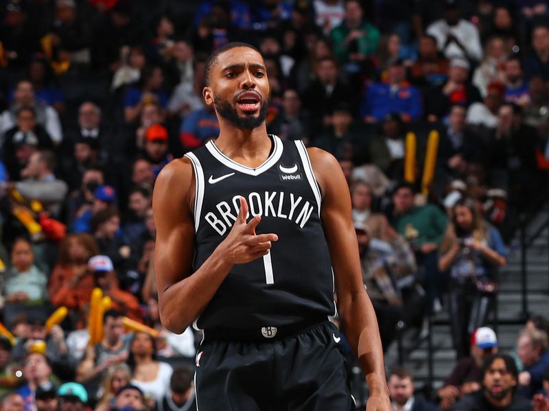 BROOKLYN, NY - JANUARY 23: Mikal Bridges #1 of the Brooklyn Nets celebrates three point basket during the game against the New York Knicks on January 23, 2024 at Barclays Center in Brooklyn, New York. NOTE TO USER: User expressly acknowledges and agrees that, by downloading and or using this Photograph, user is consenting to the terms and conditions of the Getty Images License Agreement. Mandatory Copyright Notice: Copyright 2024 NBAE (Photo by David Nemec/NBAE via Getty Images)