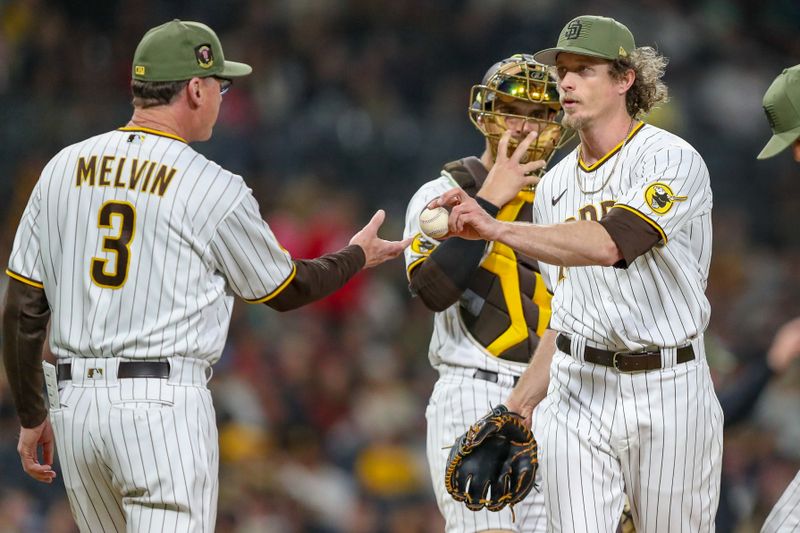 May 20, 2023; San Diego, California, USA; San Diego Padres relief pitcher Tim Hill (25) hands the ball to San Diego Padres manager Bob Melvin (3) during a pitching change in the eighth inning against the Boston Red Sox at Petco Park. Mandatory Credit: David Frerker-USA TODAY Sports