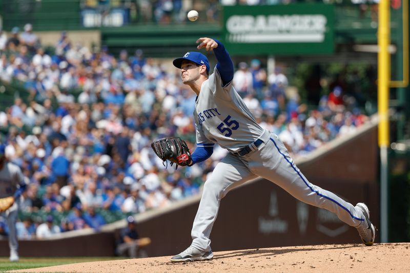 Aug 18, 2023; Chicago, Illinois, USA; Kansas City Royals starting pitcher Cole Ragans (55) delivers a pitch against the Chicago Cubs during the first inning at Wrigley Field. Mandatory Credit: Kamil Krzaczynski-USA TODAY Sports