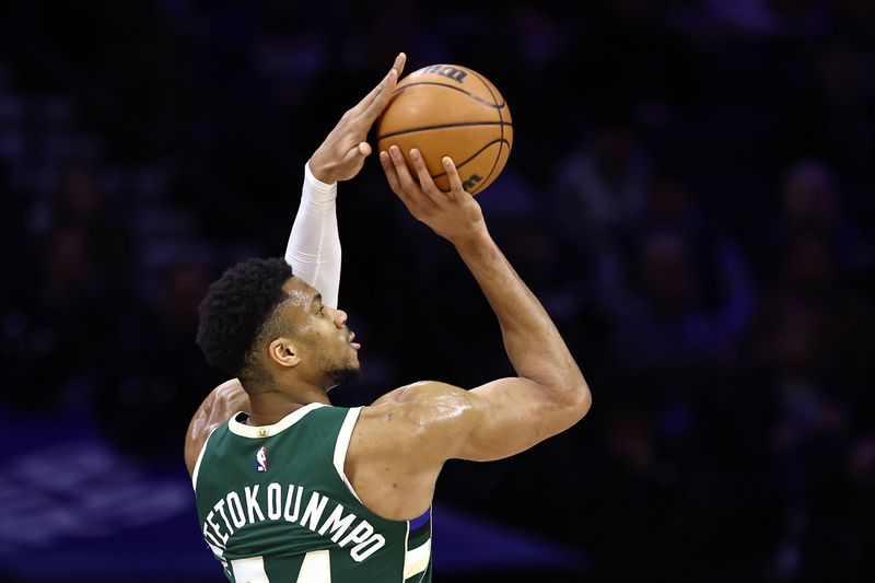 PHILADELPHIA, PENNSYLVANIA - FEBRUARY 25: Giannis Antetokounmpo #34 of the Milwaukee Bucks shoots during the first quarter against the Philadelphia 76ers at the Wells Fargo Center on February 25, 2024 in Philadelphia, Pennsylvania. (Photo by Tim Nwachukwu/Getty Images)