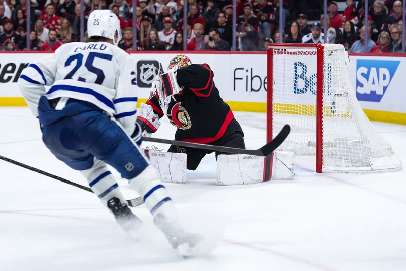 May 1, 2025; Ottawa, Ontario, CAN; Ottawa Senators goalie Linus Ullmark (35) makes a save on a shot from Toronto Maple Leafs defenseman Brandon Carlo (25) in game six of the first round of the 2025 Stanley Cup Playoffs at Canadian Tire Centre. Mandatory Credit: Marc DesRosiers-Imagn Images