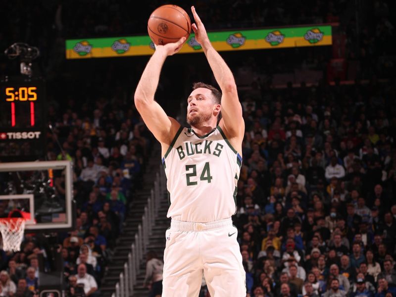 SAN FRANCISCO, CA - MARCH 6: Pat Connaughton #24 of the Milwaukee Bucks shoots a 3-point basket during the game  on March 6, 2024 at Chase Center in San Francisco, California. NOTE TO USER: User expressly acknowledges and agrees that, by downloading and or using this photograph, user is consenting to the terms and conditions of Getty Images License Agreement. Mandatory Copyright Notice: Copyright 2024 NBAE (Photo by Jed Jacobsohn/NBAE via Getty Images)