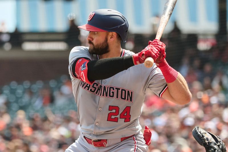 Apr 10, 2024; San Francisco, California, USA; Washington Nationals first baseman Joey Gallo (24) bats against the San Francisco Giants during the fourth inning at Oracle Park. Mandatory Credit: Robert Edwards-USA TODAY Sports