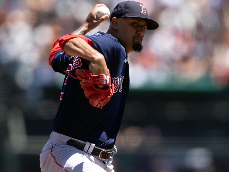 Jul 30, 2023; San Francisco, California, USA; Boston Red Sox starting pitcher Brennan Bernardino (83) delivers a pitch against the San Francisco Giants during the first inning at Oracle Park. Mandatory Credit: D. Ross Cameron-USA TODAY Sports