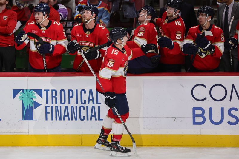 Jan 19, 2024; Sunrise, Florida, USA; Florida Panthers center Anton Lundell (15) celebrates after scoring against the Minnesota Wild during the third period at Amerant Bank Arena. Mandatory Credit: Sam Navarro-USA TODAY Sports