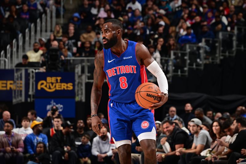 DETROIT, MI - NOVEMBER 8: Tim Hardaway Jr. #8 of the Detroit Pistonsdribbles the ball during the game against the Atlanta Hawks on November  8, 2024 at Little Caesars Arena in Detroit, Michigan. NOTE TO USER: User expressly acknowledges and agrees that, by downloading and/or using this photograph, User is consenting to the terms and conditions of the Getty Images License Agreement. Mandatory Copyright Notice: Copyright 2024 NBAE (Photo by Chris Schwegler/NBAE via Getty Images)