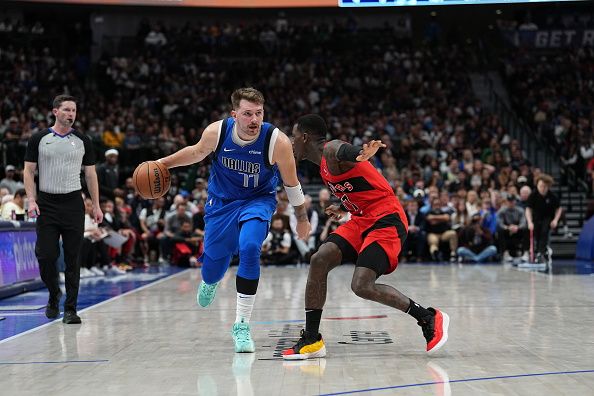 DALLAS, TX - NOVEMBER 8: Luka Doncic #77 of the Dallas Mavericks dribbles the ball during the game against the Toronto Raptors on November 8, 2023 at the American Airlines Center in Dallas, Texas. NOTE TO USER: User expressly acknowledges and agrees that, by downloading and or using this photograph, User is consenting to the terms and conditions of the Getty Images License Agreement. Mandatory Copyright Notice: Copyright 2023 NBAE (Photo by Glenn James/NBAE via Getty Images)