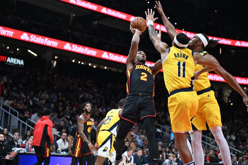 ATLANTA, GA - JANUARY 12: Trent Forrest #2 of the Atlanta Hawks shoots the ball during the game against the Indiana Pacers on January 12, 2024 at State Farm Arena in Atlanta, Georgia.  NOTE TO USER: User expressly acknowledges and agrees that, by downloading and/or using this Photograph, user is consenting to the terms and conditions of the Getty Images License Agreement. Mandatory Copyright Notice: Copyright 2024 NBAE (Photo by Adam Hagy/NBAE via Getty Images)