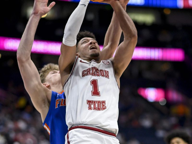 Mar 15, 2024; Nashville, TN, USA; Alabama Crimson Tide guard Mark Sears (1) shoots the ball against the Florida Gatorsduring the second half at Bridgestone Arena. Mandatory Credit: Steve Roberts-USA TODAY Sports