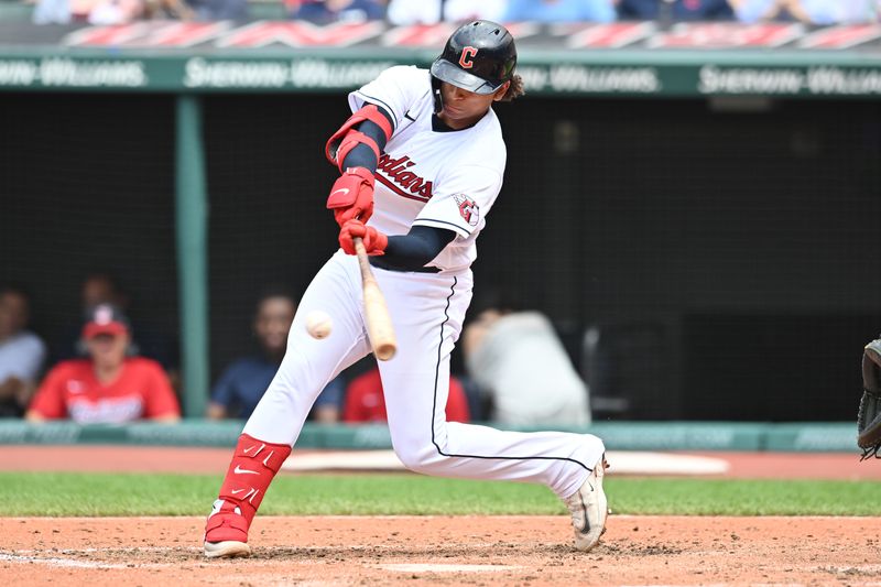 Jun 25, 2023; Cleveland, Ohio, USA; Cleveland Guardians catcher Bo Naylor (23) hits a single during the sixth inning against the Milwaukee Brewers at Progressive Field. Mandatory Credit: Ken Blaze-USA TODAY Sports