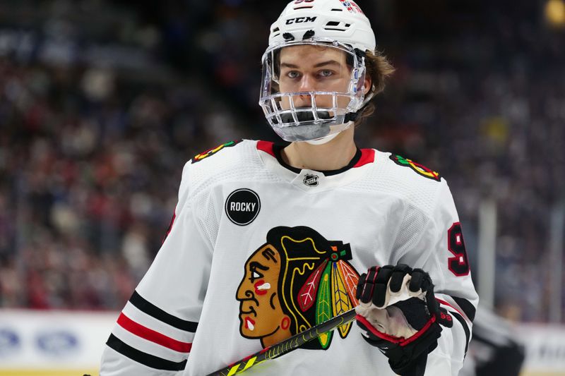 Mar 4, 2024; Denver, Colorado, USA; Chicago Blackhawks center Connor Bedard (98) during the third period against the Colorado Avalanche at Ball Arena. Mandatory Credit: Ron Chenoy-USA TODAY Sports