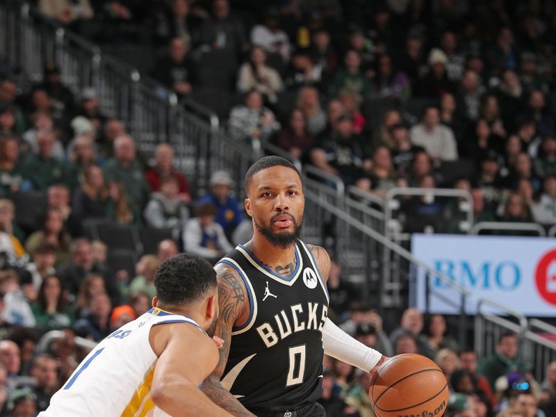 MILWAUKEE, WI - JANUARY 13: Damian Lillard #0 of the Milwaukee Bucks dribbles the ball during the game against the Golden State Warriors on January 13, 2024 at the Fiserv Forum Center in Milwaukee, Wisconsin. NOTE TO USER: User expressly acknowledges and agrees that, by downloading and or using this Photograph, user is consenting to the terms and conditions of the Getty Images License Agreement. Mandatory Copyright Notice: Copyright 2024 NBAE (Photo by Gary Dineen/NBAE via Getty Images).