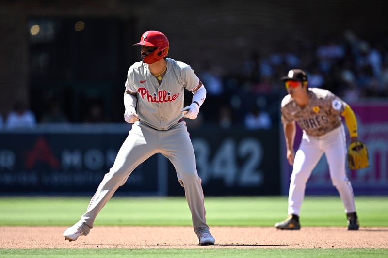 Apr 28, 2024; San Diego, California, USA; Philadelphia Phillies right fielder Nick Castellanos (8) leads off second base during the sixth inningagainst the San Diego Padres at Petco Park. Mandatory Credit: Orlando Ramirez-USA TODAY Sports