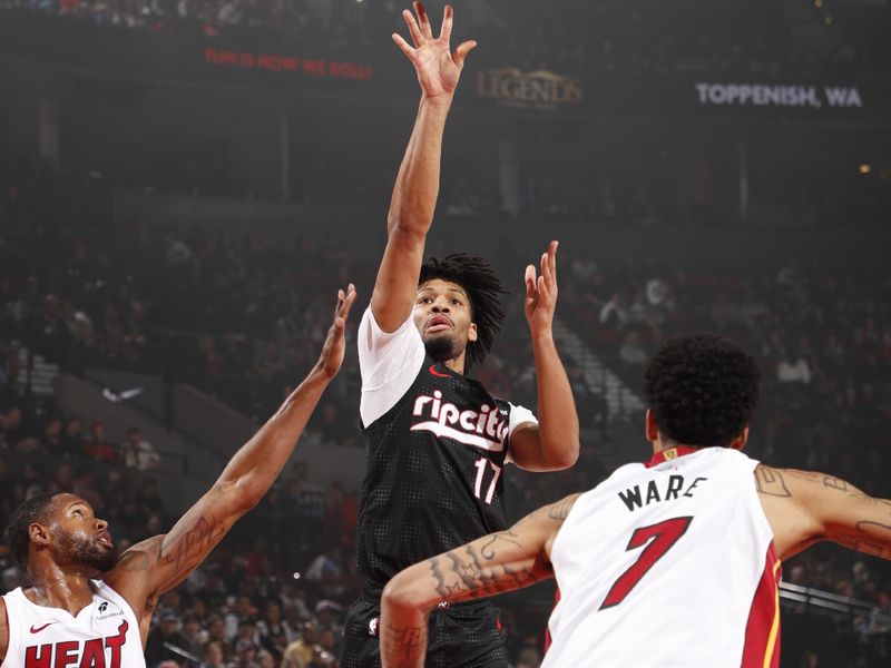 PORTLAND, OR - JANUARY 11:  Shaedon Sharpe #17 of the Portland Trail Blazers shoots the ball during the game against the Miami Heat on January 11, 2025 at the Moda Center Arena in Portland, Oregon. NOTE TO USER: User expressly acknowledges and agrees that, by downloading and or using this photograph, user is consenting to the terms and conditions of the Getty Images License Agreement. Mandatory Copyright Notice: Copyright 2025 NBAE (Photo by Cameron Browne/NBAE via Getty Images)