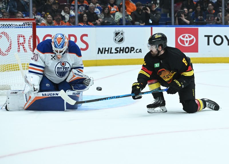Oct 26, 2025; Vancouver, British Columbia, CAN;  Vancouver Canucks right wing Conor Garland (8) shoots the puck against Edmonton Oilers goaltender Calvin Pickard (30) during the second period at Rogers Arena. Mandatory Credit: Simon Fearn-Imagn Images