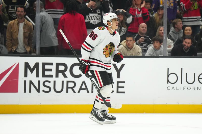 Nov 2, 2024; Los Angeles, California, USA; Chicago Blackhawks center Teuvo Teravainen (86) reacts against the LA Kings in the third period at Crypto.com Arena. Mandatory Credit: Kirby Lee-Imagn Images