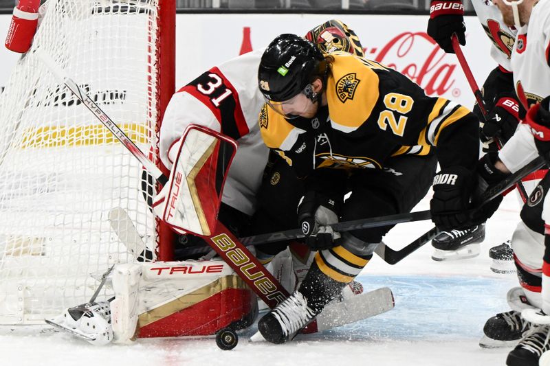 Jan 23, 2025; Boston, Massachusetts, USA; Ottawa Senators goaltender Anton Forsberg (31) blocks a shot from Boston Bruins center Elias Lindholm (28) during the first period at the TD Garden. Mandatory Credit: Brian Fluharty-Imagn Images