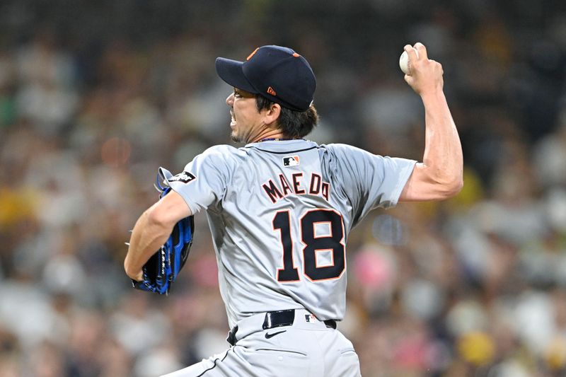 Sep 5, 2024; San Diego, California, USA; Detroit Tigers starting pitcher Kenta Maeda (18) pitches during the seventh inning against the San Diego Padres at Petco Park. Mandatory Credit: Denis Poroy-Imagn Images