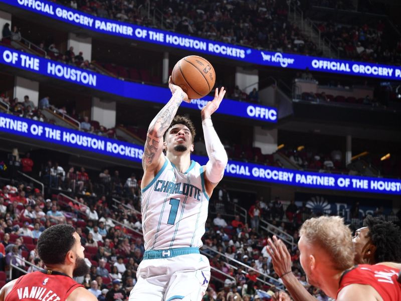 HOUSTON, TX - OCTOBER 23:   LaMelo Ball #1 of the Charlotte Hornets shoots the ball during the game against the Houston Rockets during a regular season game on October 23, 2024 at the Toyota Center in Houston, Texas. NOTE TO USER: User expressly acknowledges and agrees that, by downloading and or using this photograph, User is consenting to the terms and conditions of the Getty Images License Agreement. Mandatory Copyright Notice: Copyright 2024 NBAE (Photo by Logan Riely/NBAE via Getty Images)