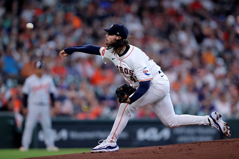 Jun 15, 2024; Houston, Texas, USA; Houston Astros starting pitcher Spencer Arrighetti (41) delivers a pitch against the Detroit Tigers during the first inning at Minute Maid Park. Mandatory Credit: Erik Williams-USA TODAY Sports