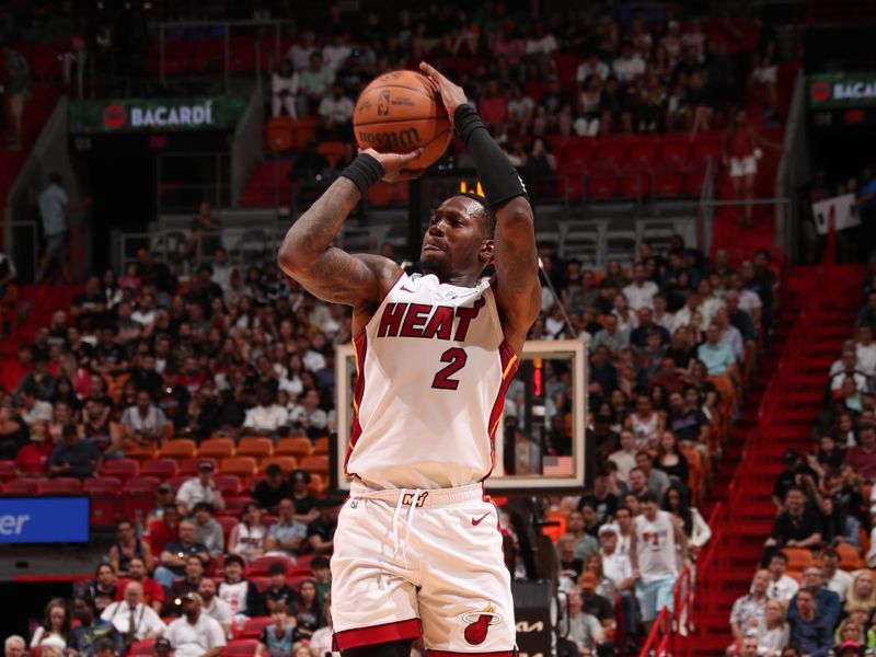 MIAMI, FL - MARCH 29: Terry Rozier #2 of the Miami Heat shoots a three point basket against the Portland Trail Blazers on March 29, 2024 at Kaseya Center in Miami, Florida. NOTE TO USER: User expressly acknowledges and agrees that, by downloading and or using this Photograph, user is consenting to the terms and conditions of the Getty Images License Agreement. Mandatory Copyright Notice: Copyright 2024 NBAE (Photo by Issac Baldizon/NBAE via Getty Images)