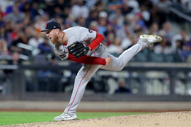 Sep 4, 2024; New York City, New York, USA; Boston Red Sox relief pitcher Zack Kelly (76) follows through on a pitch against the New York Mets during the sixth inning at Citi Field. Mandatory Credit: Brad Penner-Imagn Images