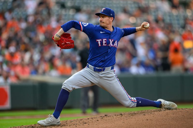 Jun 30, 2024; Baltimore, Maryland, USA; Texas Rangers pitcher Andrew Heaney (44) throws a pitch during the second inning against the Baltimore Orioles at Oriole Park at Camden Yards. Mandatory Credit: Reggie Hildred-USA TODAY Sports