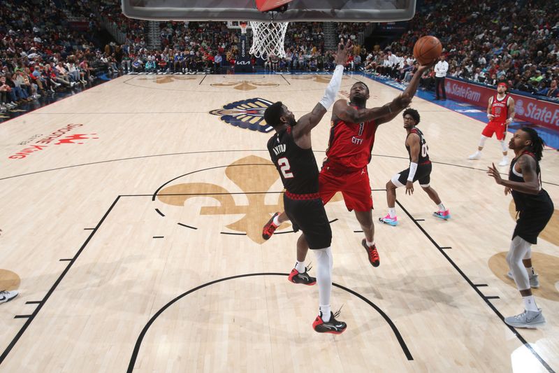 NEW ORLEANS, LA - MARCH 16: Zion Williamson #1 of the New Orleans Pelicans drives to the basket during the game against the Portland Trail Blazers on March 16, 2024 at the Smoothie King Center in New Orleans, Louisiana. NOTE TO USER: User expressly acknowledges and agrees that, by downloading and or using this Photograph, user is consenting to the terms and conditions of the Getty Images License Agreement. Mandatory Copyright Notice: Copyright 2024 NBAE (Photo by Layne Murdoch Jr./NBAE via Getty Images)