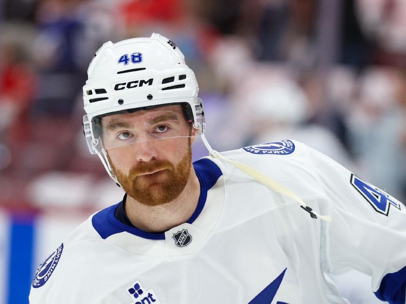Apr 26, 2025; Sunrise, Florida, USA; Tampa Bay Lightning defenseman Nick Perbix (48) warms up before a game game three of the first round of the 2025 Stanley Cup Playoffs against the Florida Panthers at Amerant Bank Arena. Mandatory Credit: Nathan Ray Seebeck-Imagn Images