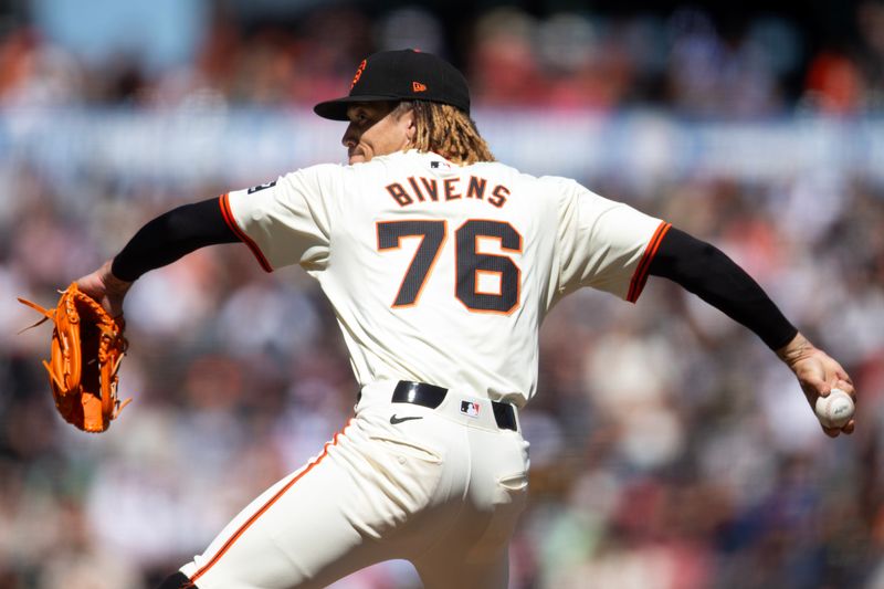 Aug 15, 2024; San Francisco, California, USA; San Francisco Giants pitcher Spencer Bivens delivers against the Atlanta Braves during the ninth inning at Oracle Park. Mandatory Credit: D. Ross Cameron-USA TODAY Sports