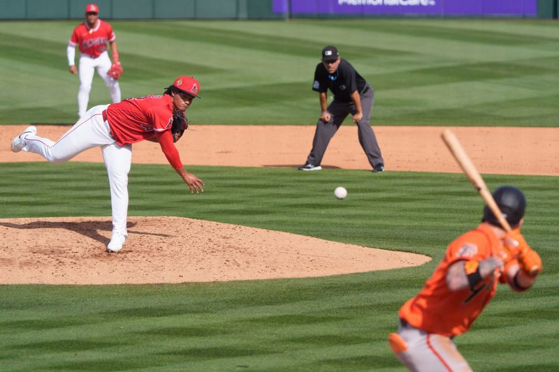 Feb 24, 2026; Tempe, Arizona, USA; Los Angeles Angels pitcher Joel Hurtado (72) on the mound to pitch in the sixth inning against the San Francisco Giants during a spring training game  at Tempe Diablo Stadium. Mandatory Credit: Allan Henry-Imagn Images