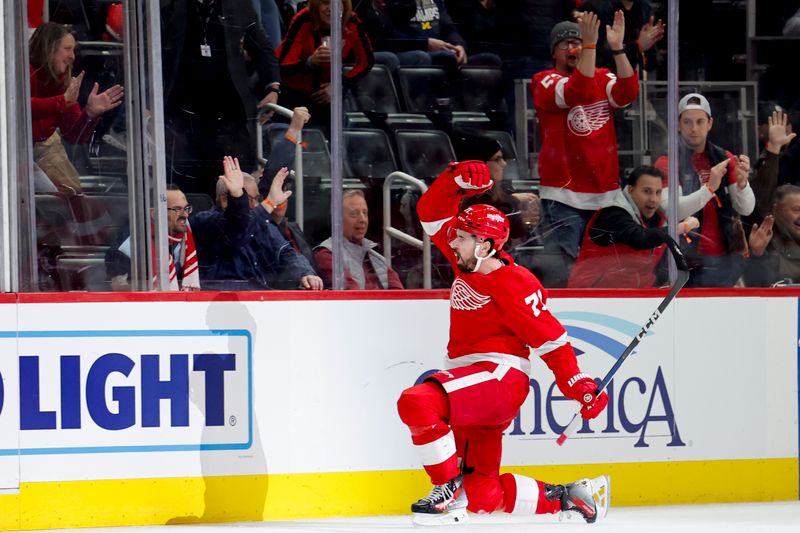 Jan 31, 2024; Detroit, Michigan, USA;  Detroit Red Wings center Dylan Larkin (71) celebrates after scoring in the third period against the Ottawa Senators at Little Caesars Arena. Mandatory Credit: Rick Osentoski-USA TODAY Sports