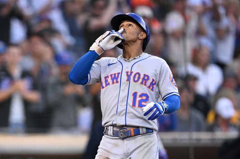 Jul 7, 2023; San Diego, California, USA; New York Mets shortstop Francisco Lindor (12) celebrates after hitting a home run against the San Diego Padres during the third inning at Petco Park. Mandatory Credit: Orlando Ramirez-USA TODAY Sports