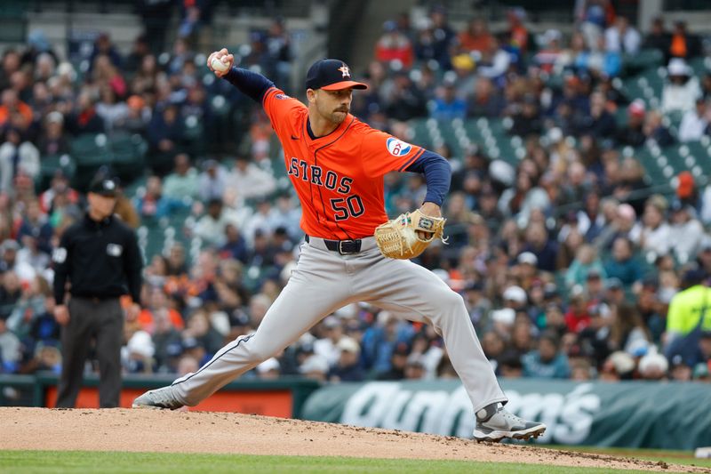 May 11, 2024; Detroit, Michigan, USA; Houston Astros pitcher Tayler Scott (50) throws against the Detroit Tigers during the second inning at Comerica Park. Mandatory Credit: Brian Bradshaw Sevald-USA TODAY Sports