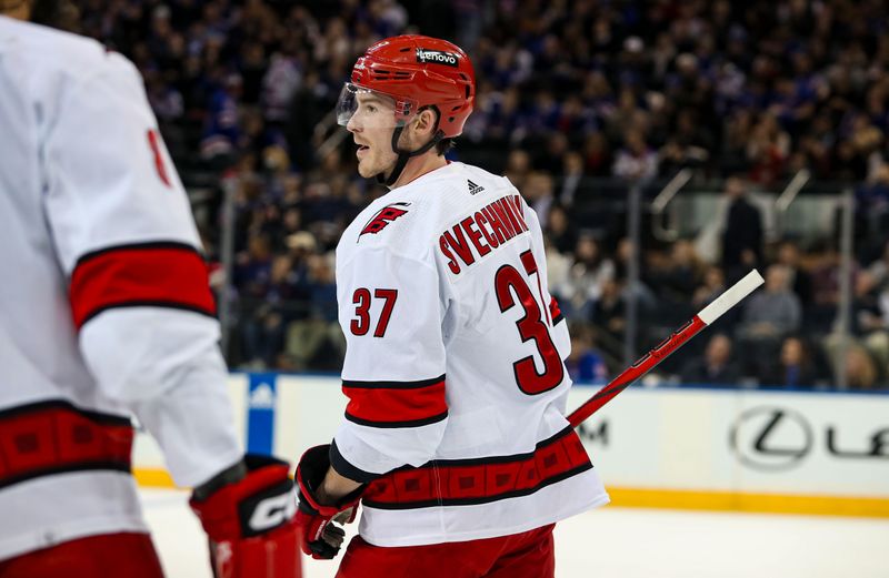 Jan 2, 2024; New York, New York, USA; Carolina Hurricanes right wing Andrei Svechnikov (37) celebrates his goal against the New York Rangers during the first period at Madison Square Garden. Mandatory Credit: Danny Wild-USA TODAY Sports