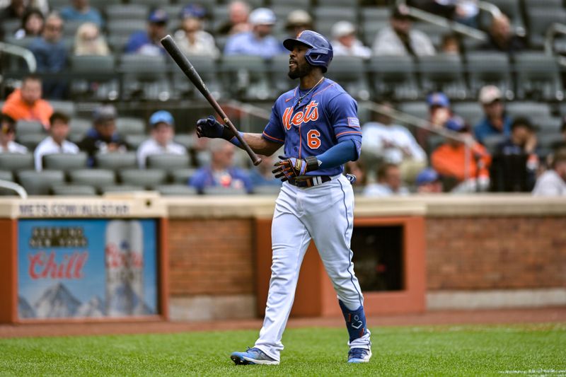 Jun 4, 2023; New York City, New York, USA; New York Mets right fielder Starling Marte (6) reacts after striking out against the Toronto Blue Jays during the ninth inning at Citi Field. Mandatory Credit: John Jones-USA TODAY Sports