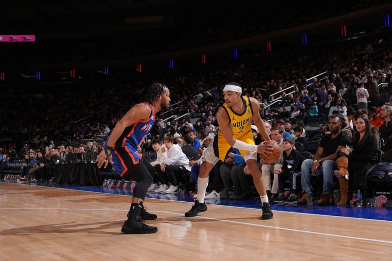 NEW YORK, NY - FEBRUARY 10: Andrew Nembhard #2 of the Indiana Pacers looks to pass the ball during the game against the New York Knicks on February 10, 2024 at Madison Square Garden in New York City, New York.  NOTE TO USER: User expressly acknowledges and agrees that, by downloading and or using this photograph, User is consenting to the terms and conditions of the Getty Images License Agreement. Mandatory Copyright Notice: Copyright 2024 NBAE  (Photo by Jesse D. Garrabrant/NBAE via Getty Images)