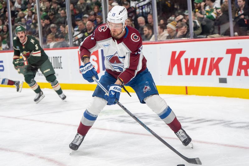 Mar 11, 2025; Saint Paul, Minnesota, USA; Colorado Avalanche right wing Valeri Nichushkin (13) skates all alone in the Minnesota Wild zone in the third period at Xcel Energy Center. Mandatory Credit: Matt Blewett-Imagn Images