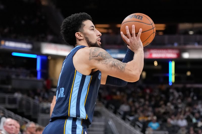 INDIANAPOLIS, INDIANA - OCTOBER 14: Scotty Pippen Jr. #1 of the Memphis Grizzlies attempts a shot in the third quarter against the Indiana Pacers during a preseason game at Gainbridge Fieldhouse on October 14, 2024 in Indianapolis, Indiana. NOTE TO USER: User expressly acknowledges and agrees that, by downloading and or using this photograph, User is consenting to the terms and conditions of the Getty Images License Agreement. (Photo by Dylan Buell/Getty Images)