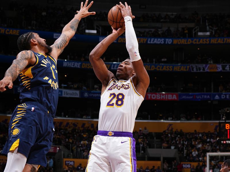 LOS ANGELES, CA - MARCH 24: Rui Hachimura #28 of the Los Angeles Lakers shoots the ball during the game against the Indiana Pacers on March 24, 2024 at Crypto.Com Arena in Los Angeles, California. NOTE TO USER: User expressly acknowledges and agrees that, by downloading and/or using this Photograph, user is consenting to the terms and conditions of the Getty Images License Agreement. Mandatory Copyright Notice: Copyright 2024 NBAE (Photo by Garrett Ellwood/NBAE via Getty Images)