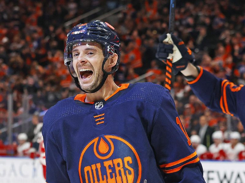 Feb 15, 2023; Edmonton, Alberta, CAN; Edmonton Oilers forward Derek Ryan (10) celebrates after scoring a goal during the third period against the Detroit Red Wings at Rogers Place. Mandatory Credit: Perry Nelson-USA TODAY Sports